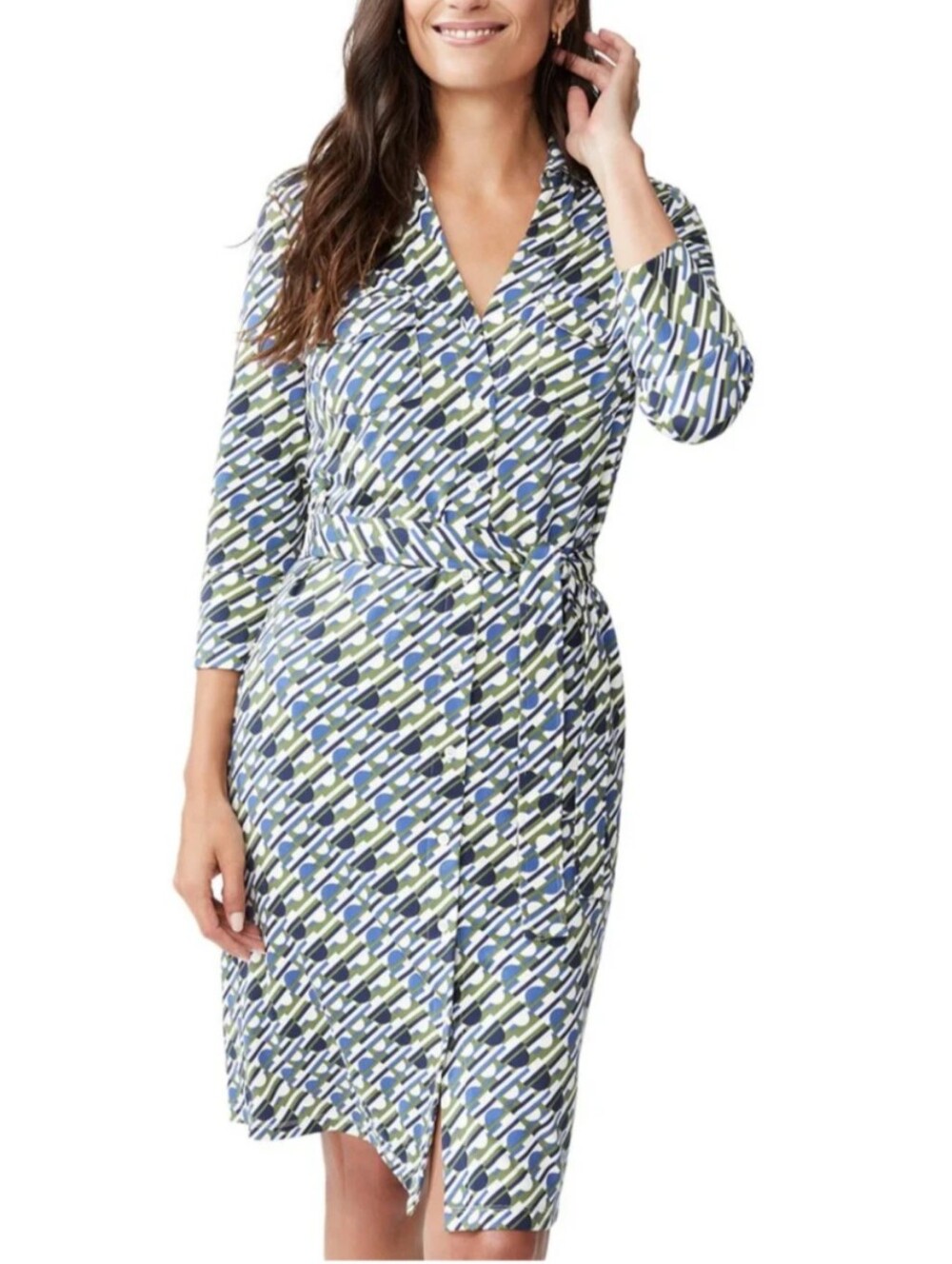J McLaughlin Patterned Blue and Green Long-Sleeve Shirt Dress with Tie Waist